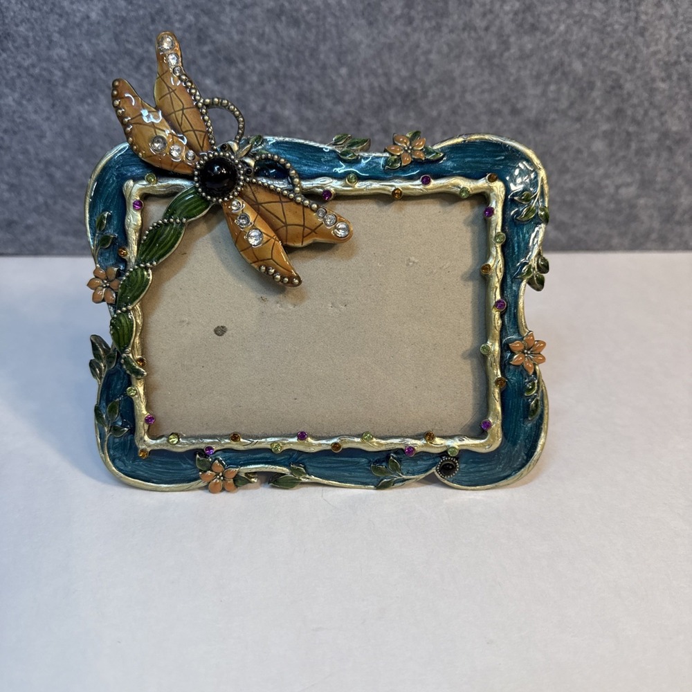 Vtg Ashleigh Manor DRAGONFLY FRAME Jeweled Pewter & Enamel